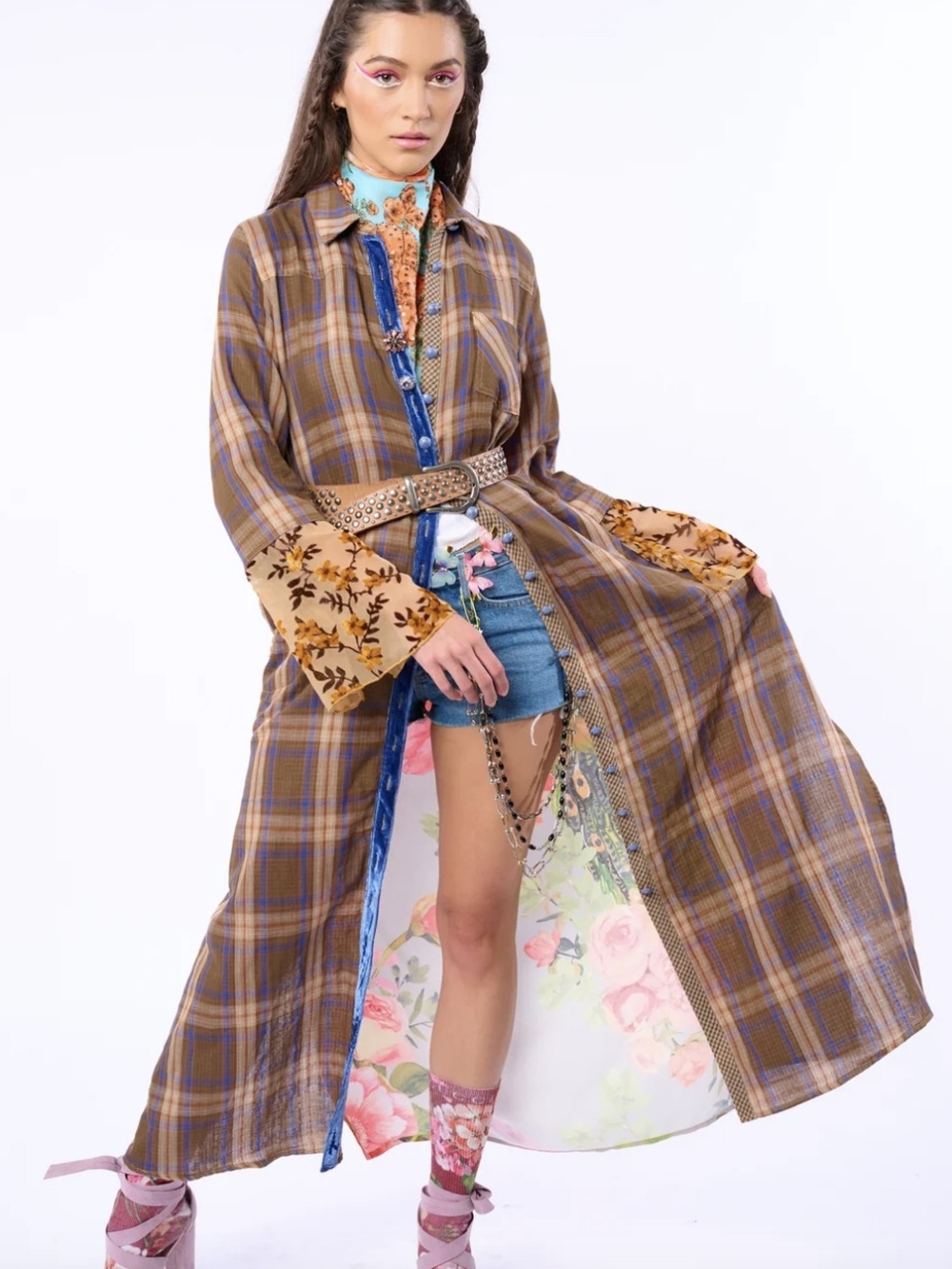 Aratta Anna Dus Brown & Purple Plaid Maxi Shirt Duster Dress with Floral Details